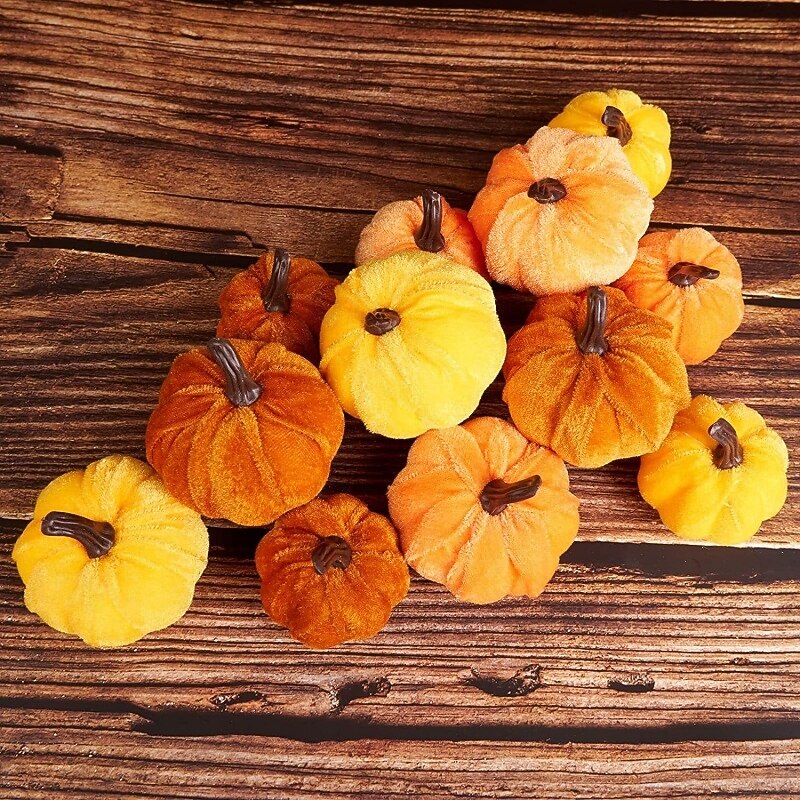 6 Pcs Assorted Small Harvest Faux Velvet Pumpkins - Fall, Thanksgiving Decorative Fabric Foam Pumpkins in Rust Orange and White for Fall, Thanksgiving, Wedding Decor3