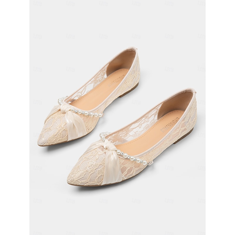 Women's Lace Pointed-Toe Flats with Pearl Embellishments and Bow Detail - Elegant Bridal Shoes for Weddings and Formal Occasions