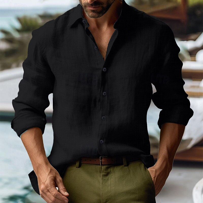 Men's Shirt Linen Shirt Summer Shirt Beach Shirt Button Up Shirt Plain Vacation Curise Black Pink Green Gray Long Sleeve Collar Spring & Summer Clothing Apparel 5