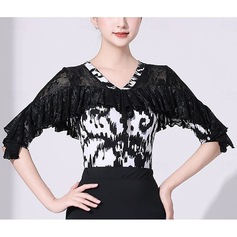 Latin Dance Top Lace Printing Pure Color Women's Performance Training Half Sleeve High Polyester3