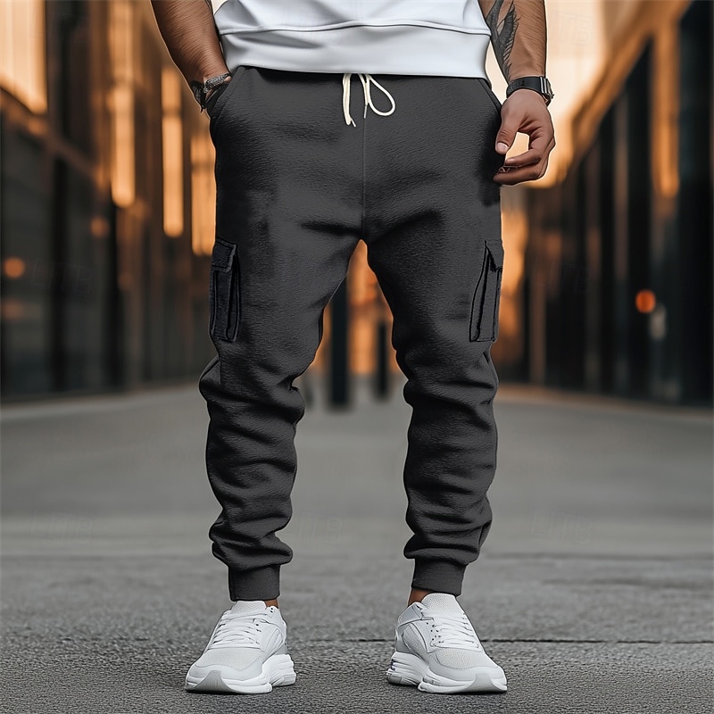 Men's Fleece Pants Sweatpants Joggers Trousers Cargo Sweatpants Drawstring Elastic Waist Multi Pocket Plain Comfort Warm Full Length Outdoor Casual Daily Sports Fashion Black Navy Blue