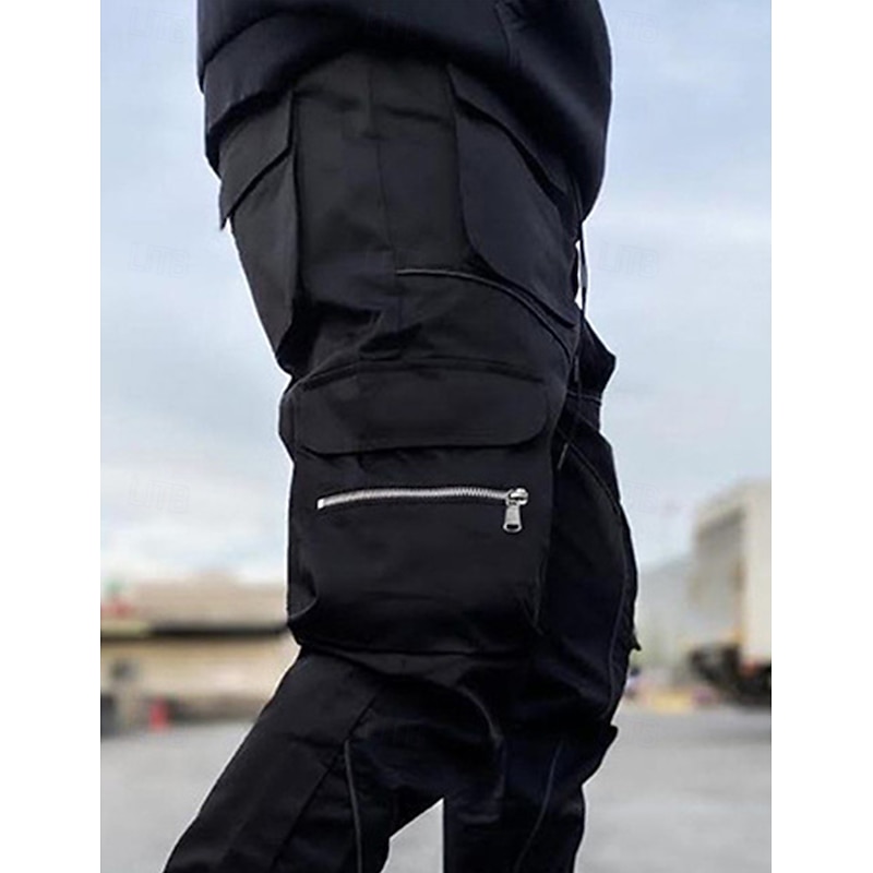 Men's Cargo Pants Trousers Casual Pants Drawstring Multi Pocket Reflective Strip Plain Comfort Soft Full Length Outdoor Daily Going out Fashion Streetwear Black White Micro-elastic2