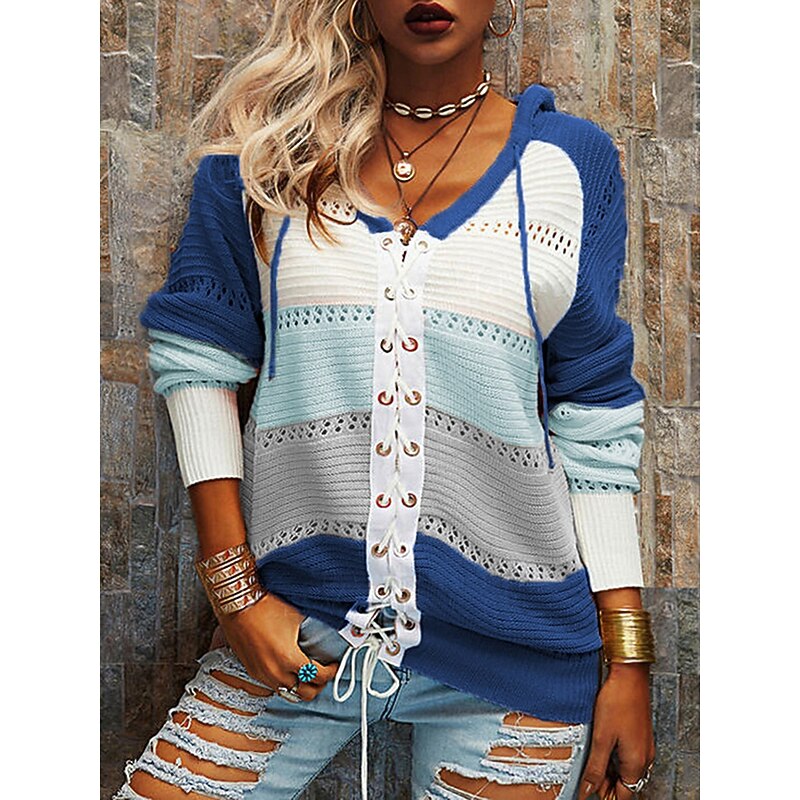 Women's Sweater Casual Sweater Casual Soft Color Block Crew Neck Lace up Hooded Long Sleeve Regular Tops Knit Outdoor Daily Weekend Black Pink Fall Winter2
