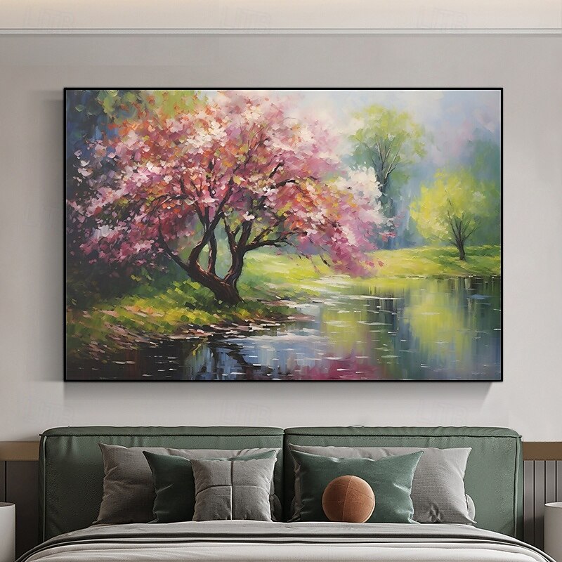 Hand Paint Canvas Oil Painting Cherry Blossom Wall Art Landscape Blossom Tree Rustic Canvas Extra Large Decor Gift No Frame