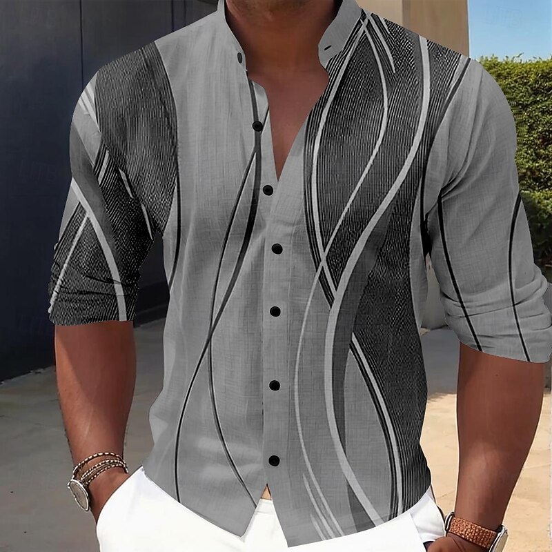 Men's Striped Geometric Pattern Dress Shirt Button Up Shirt Long Sleeve Business Casual Vacation Daily Summer Spring &  Fall Grandad Collar Band Collar 3D Print Blue Gray2