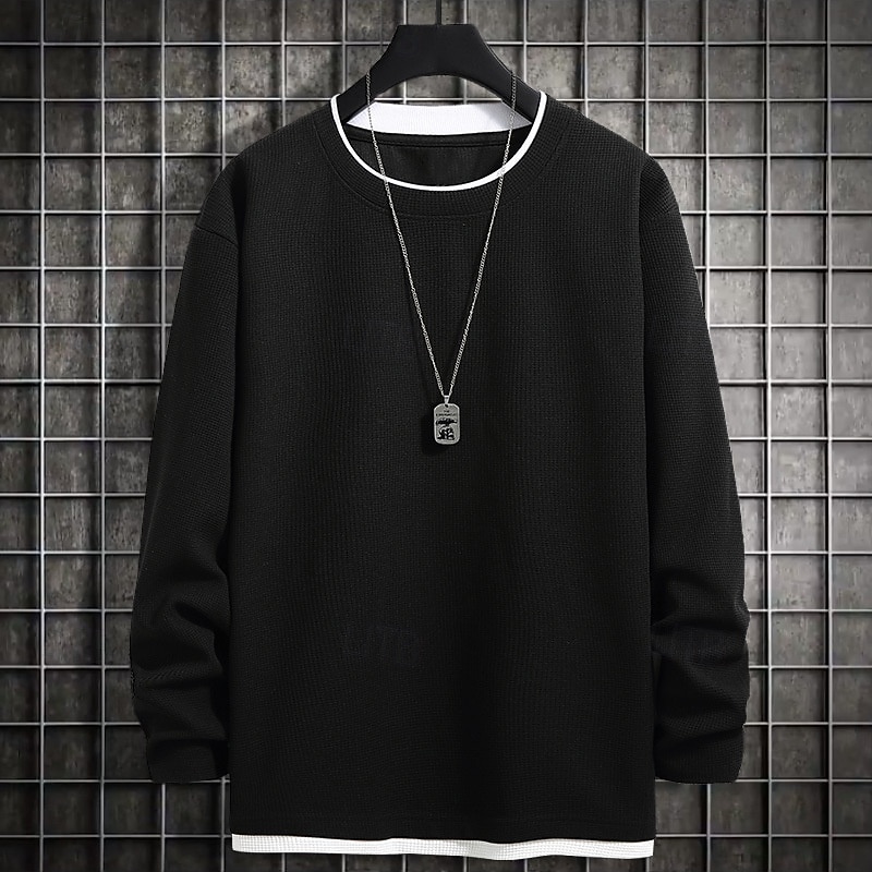 Men's T Shirt Tee Waffle Knit Tee Tee Top Long Sleeve Crew Neck Spring &  Fall Plain Fashion Designer Basic Vacation Street Going out Black Blue Light Grey Top Tee for Men