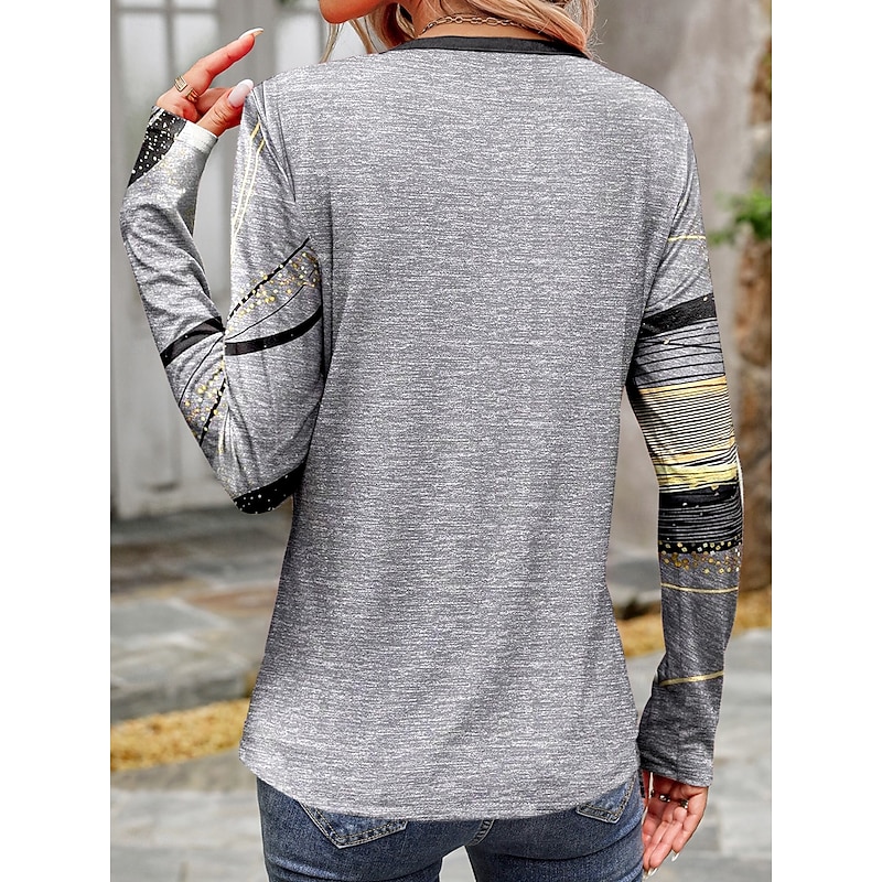 Women's T shirt Long Sleeve Crew Neck Long Sleeve Tunic Casual Print Regular Tops Daily Light Grey Spring Fall Prefall2