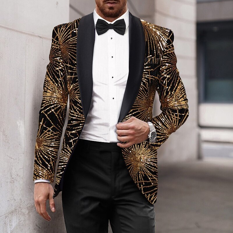 Men's Blazer Jacket Tuxedo Shawl Collar Party Sparkle Sequin Line Blazer Black Gold Tailored Fit