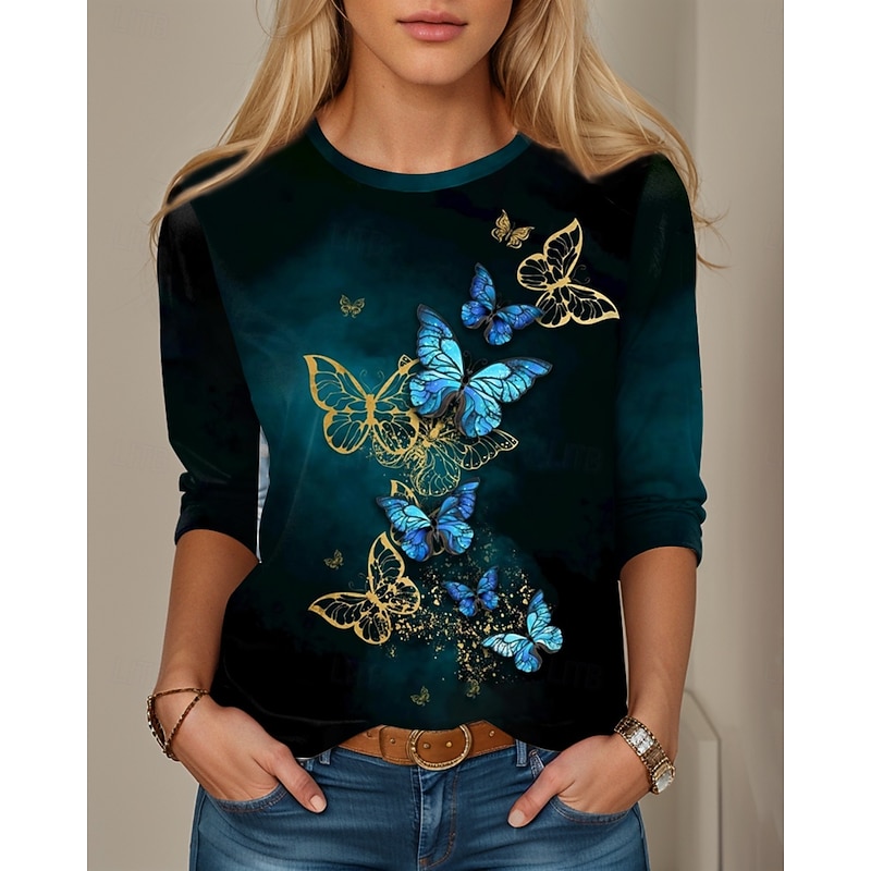 Women's T shirt Long Sleeve Casual Print Regular Tops Daily Black Spring Fall Prefall