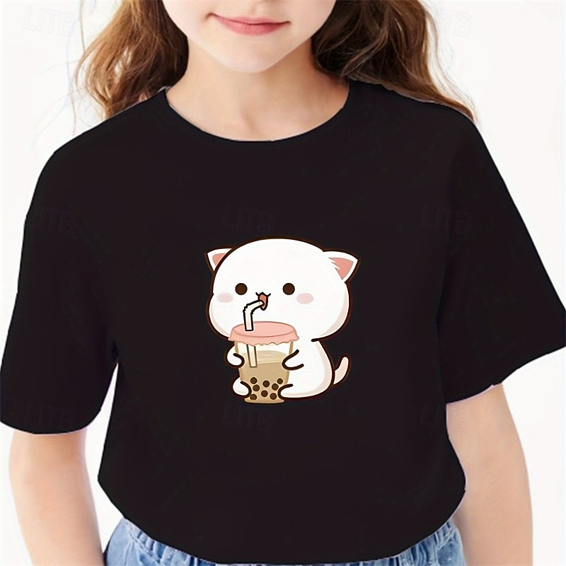100% Cotton Kids Girls' Black Cartoon Cat T shirt Tee Crew Neck Short Sleeve Outdoor Daily Vacation Classic Casual Print Summer