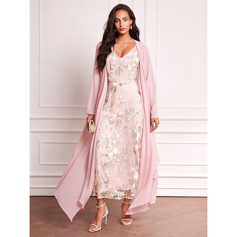 Women's Wedding Guest Dress Set Maxi Dress Chiffon Cardigan Embroidered Date Vacation Elegant V Neck Long Sleeve Pink Color Spring Summer Fall