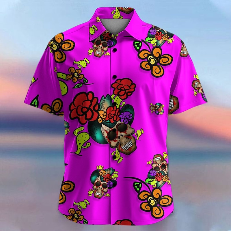 Men's Floral Skull Tropical Flowers Summer Hawaiian Shirt Button Up Shirt Aloha Shirt Short Sleeve Shirt Collared Shirts Hawaiian Casual Vacation Party Evening Wear Daily Purple Fuchsia Orange S M L4