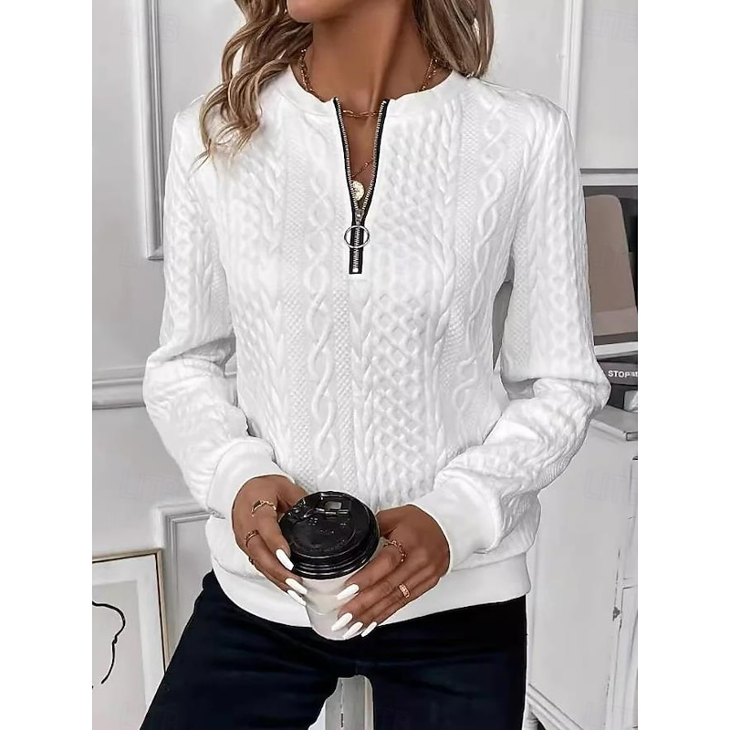 Women's Sweatshirt Elegant Modern Plain Work Crew Neck Zipper Loose Fit Long Sleeve Black White Pink Gray Spring Fall3