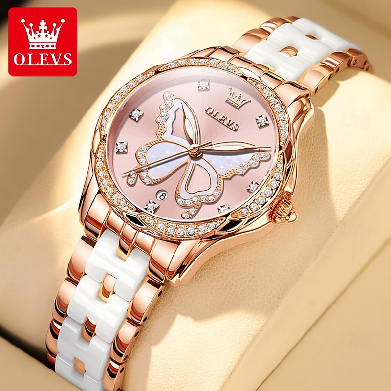 OLEVS 5610 Women's Watches Elegant Fashion Rhinestone Bezel Ceramic Strap Wristwatch Waterproof Luminous Automatic Watch