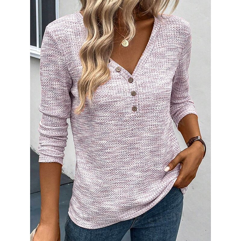 Women's T Shirt Plain Elegant Casual Long Sleeve V Neck Regular Tops Daily Buttons Pink Spring Fall