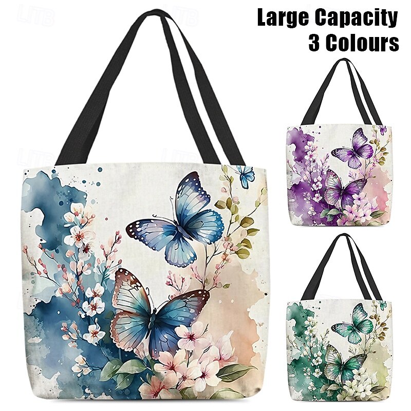 Women's Butterfly Print Canvas Tote Bag with Floral Design, Eco-Friendly Reusable Shopper for Daily Use