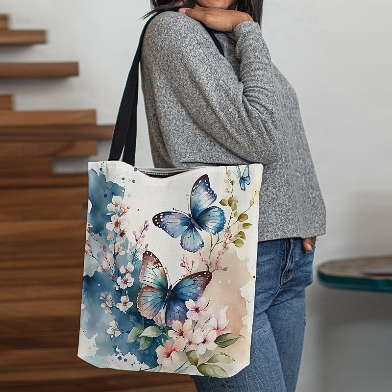 Women's Butterfly Print Canvas Tote Bag with Floral Design, Eco-Friendly Reusable Shopper for Daily Use2