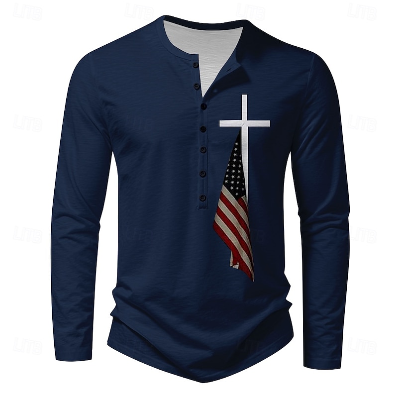 Men's New Year Flag Long Sleeve Shirt Long Sleeve Print Daily Casual Daily Festival Spring &  Fall Black Blue Green Light Grey Henley Henley T-Shirt2
