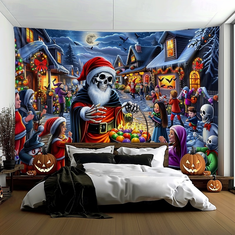 Hanging Tapestry Skeleton Christmas Santa Claus Wall Art Large Tapestry Mural Decor Photograph Backdrop Blanket Curtain Home Bedroom Living Room Decoration 6
