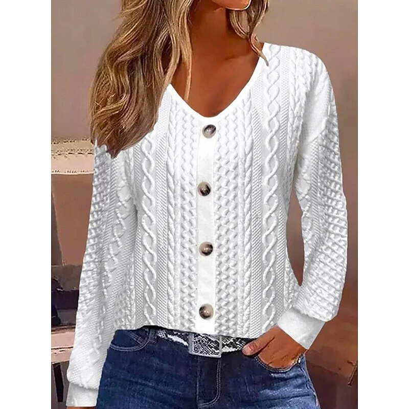 Women's Pullover Fashion Comfy Casual Crew Neck Buttons Long Sleeve White Spring Fall