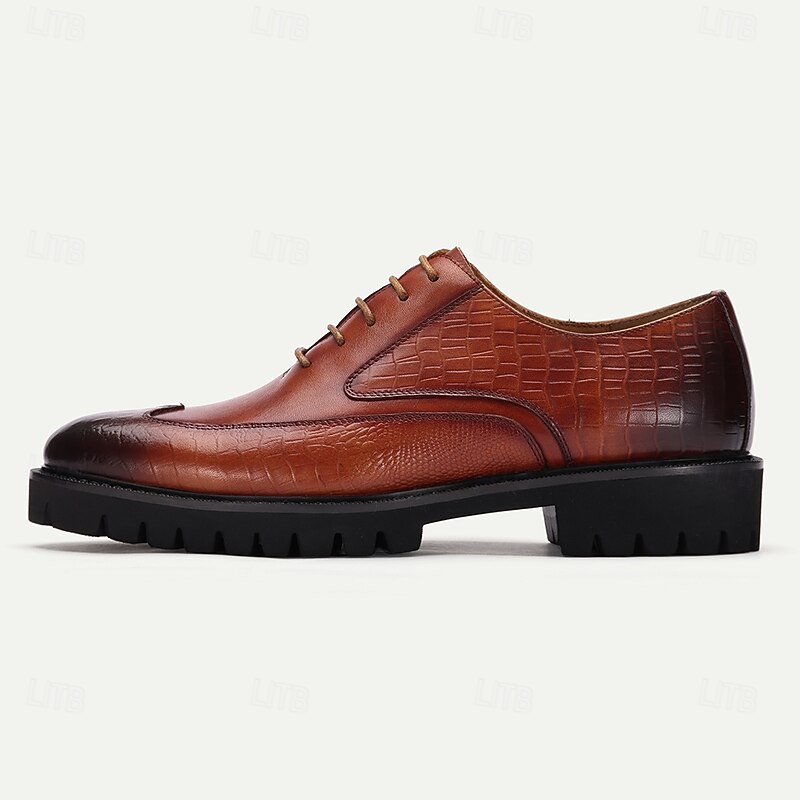 Men's Brown Leather Oxford Shoes with Crocodile Embossed Pattern - Rugged Sole and Classic Design for Formal and Casual Wear3