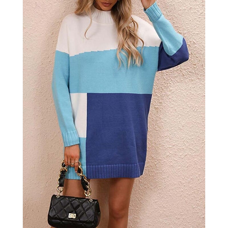 Women's Sweater Stylish Color Block Mock Neck Crewneck Long Sleeve Long Tops Knit Work Red Brown Blue Fall Winter4