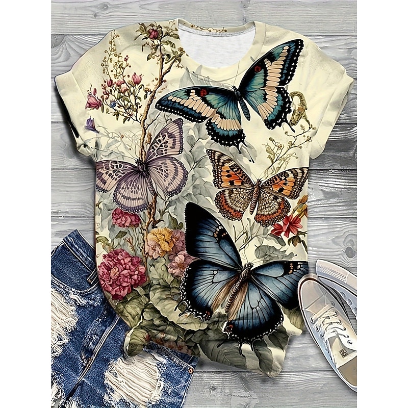 Women's T Shirt Casual Print Short Sleeve Regular Tops Daily Khaki Summer