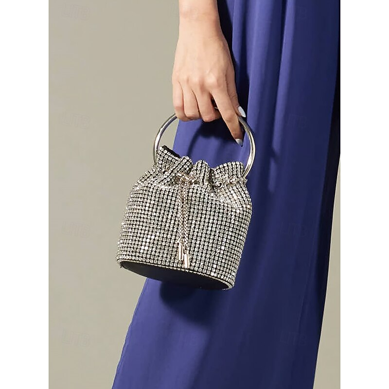 Women's Sparkling Silver Rhinestone Bucket Bag with Metal Ring Handle | Glamorous Accessory for Evening Parties and Special Occasions2
