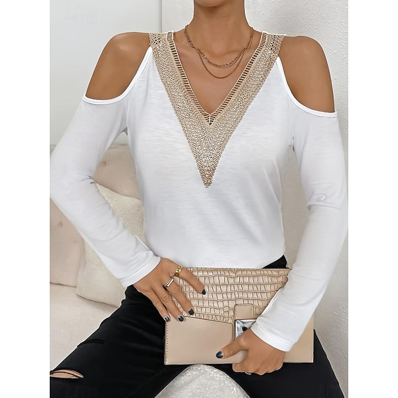 Women's Blouse Stylish Modern Cut Out Long Sleeve Regular Tops V Neck Work Daily Black White Spring Fall