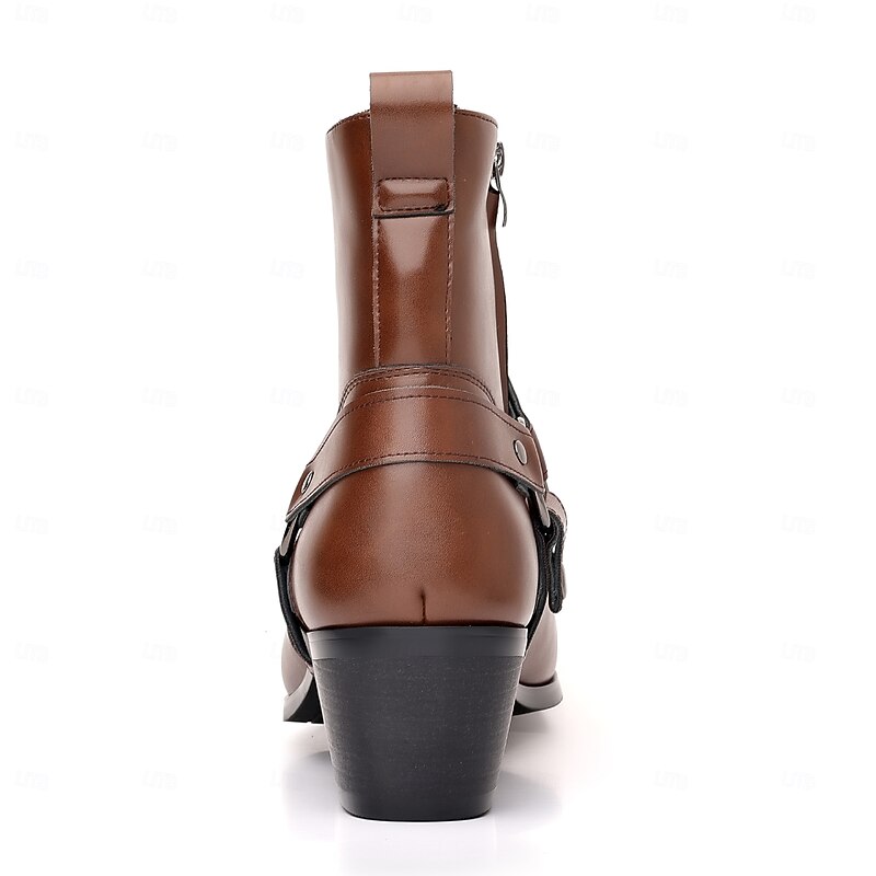 Men's Brown Faux Leather Motorcycle Ankle Boots with Strap and Metal Ring Detail - Stylish Western-Inspired Biker Boots4