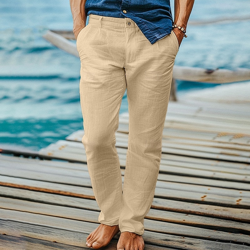 Men's Linen Pants Trousers Dress Pants Summer Pants Beach Pants Front Pocket Straight Leg Plain Comfort Breathable Full Length Formal Business Holiday Fashion Basic Black White Inelastic4