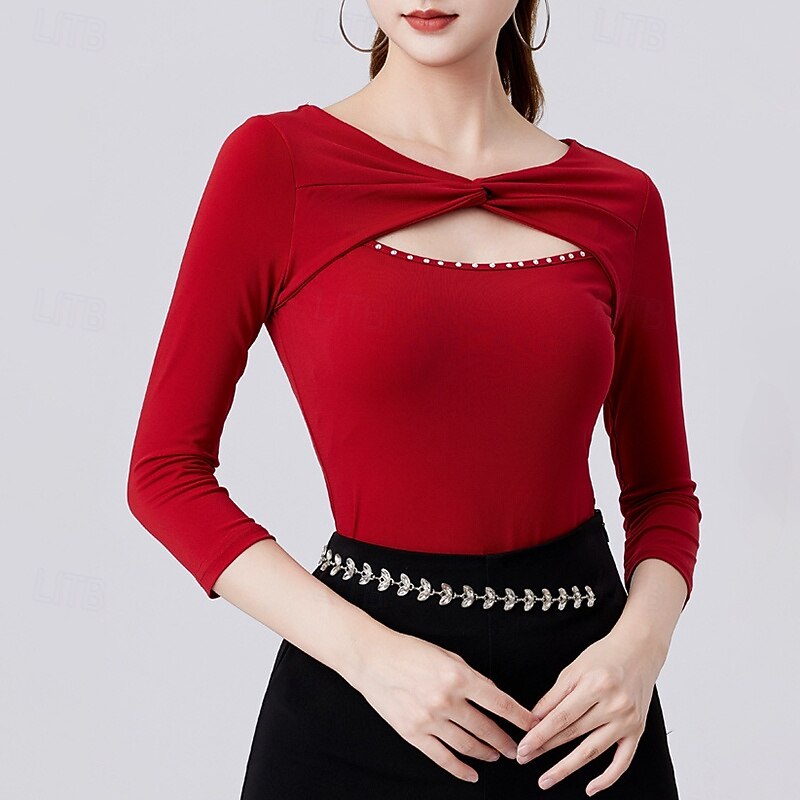 Latin Dance Top Pure Color Splicing Crystals / Rhinestones Women's Performance Training 3/4 Length Sleeve High Polyester2