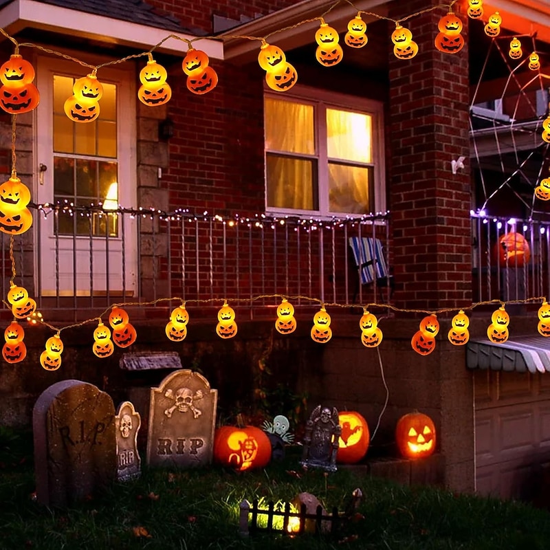 Halloween Light Up Pumpkin String Lights 10/20Led Jack O Lantern Waterproof Battery Powered Lights for Indoor Outdoor Bedroom Holiday Party Halloween Decoration