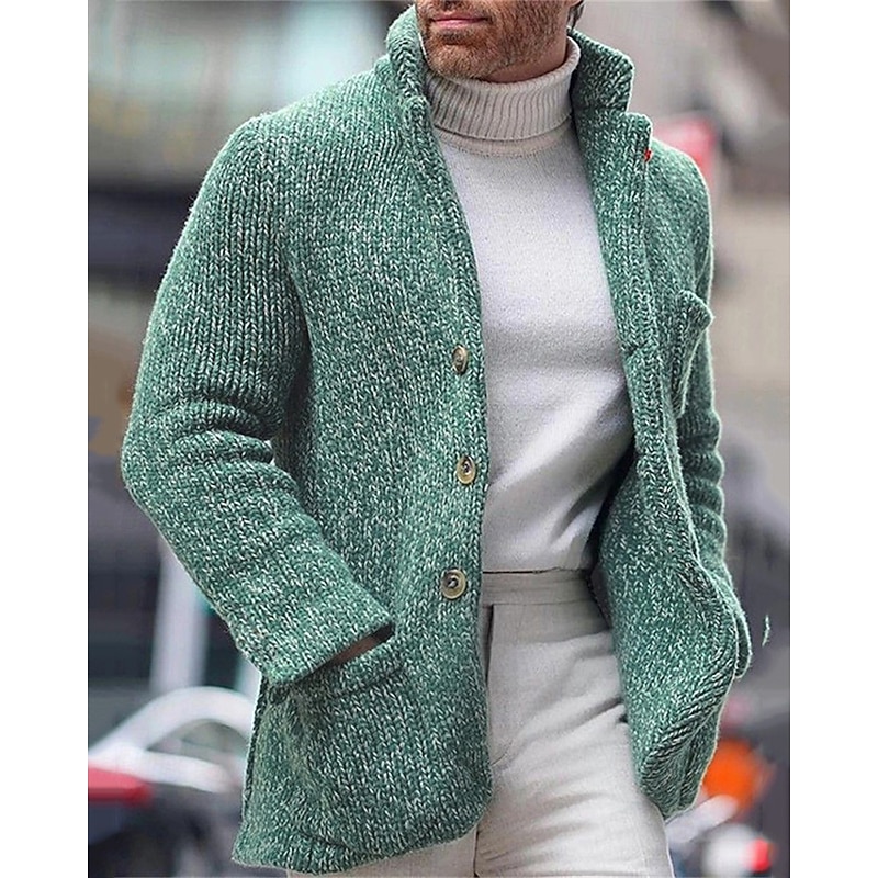 Men's Cardigan Sweater Dress Sweater Cropped  Sweater Ribbed Knit Regular Button Up Pocket Solid Color Stand Collar Fashion Classic Daily Wear Date Clothing Apparel Fall & Winter Black Green S M L4