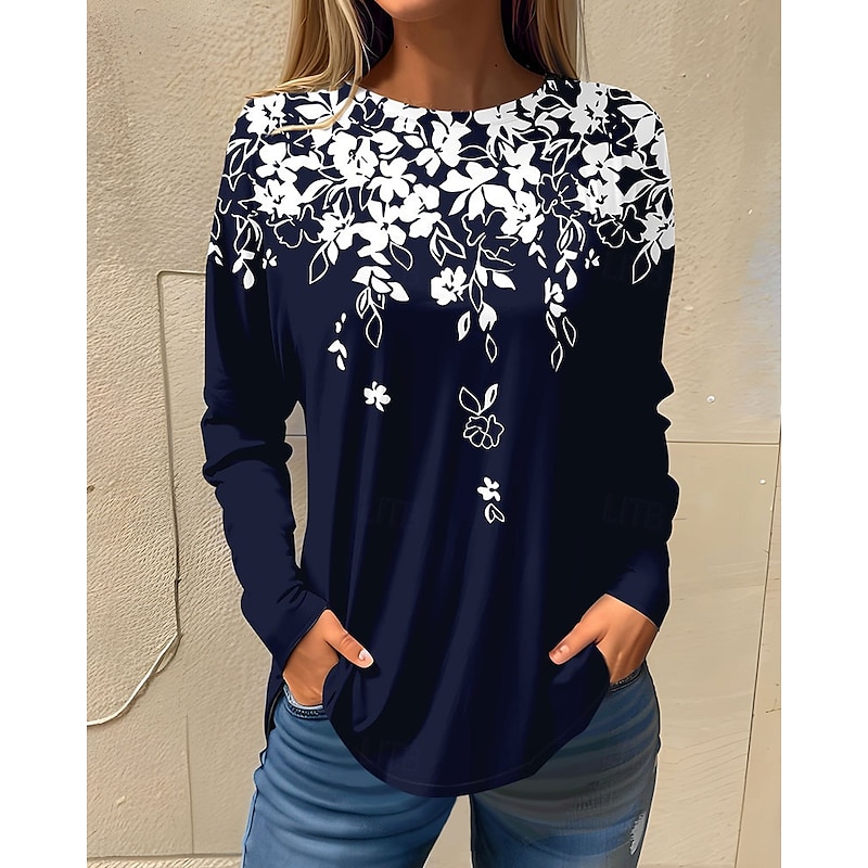 Women's T shirt Long Sleeve Basic Floral Print Long Sleeve Regular Tops Round Neck Holiday Weekend White Pink Red Navy Blue Blue Fall & Winter Prefall4
