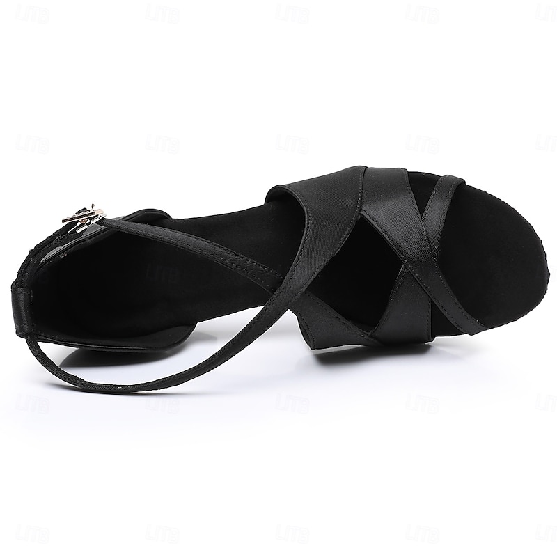 Women's Black Satin Cross-Strap Ballroom Dance Shoes with Open Toe, Perfect Heels for Latin and Salsa Dancing4