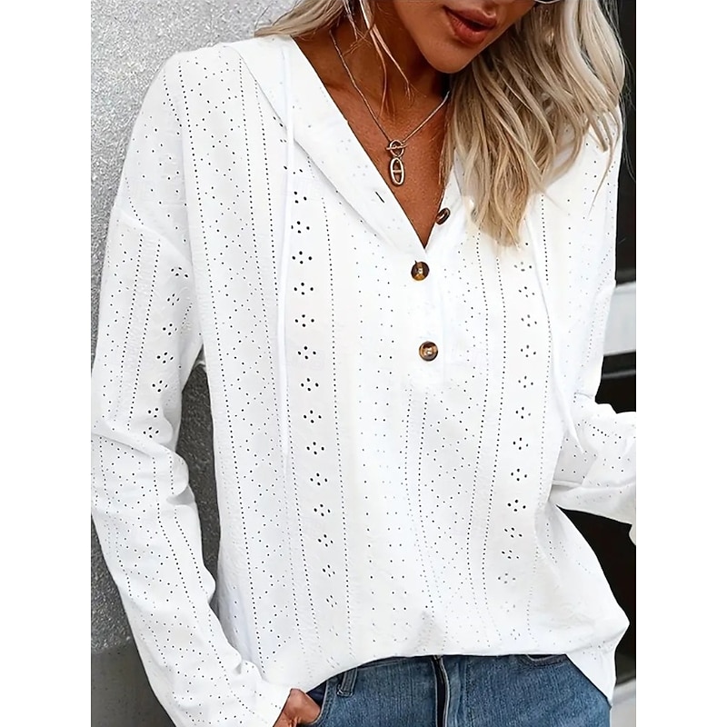 Women's Pullover Elegant Casual Casual Hooded Buttons Long Sleeve White Spring Fall2