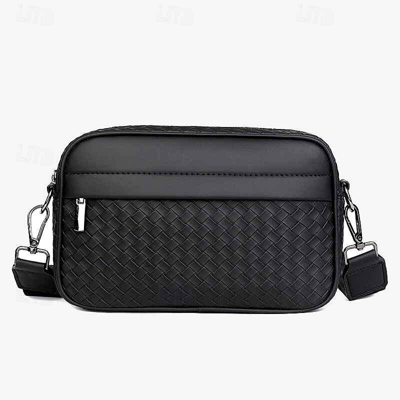 Sleek Black Woven Men's Crossbody Bag - Stylish Compact Design with Multiple Zippered Compartments, Ideal for Everyday Use and Travel2