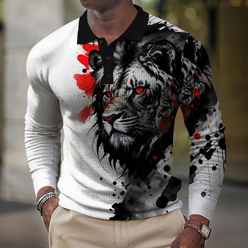 Men's Waffle Polo Shirts Golf Shirt Long Sleeve Polo Shirts Collared Shirts Casual Funny Vacation Wear Party Outfits Buttons 3D Print Summer White