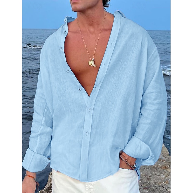 Men's Shirt Linen Shirt Summer Shirt Beach Wear Button Up Shirt Plain Vacation Casual Black White Pink Blue Long Sleeve Lapel Spring & Summer Clothing Apparel2