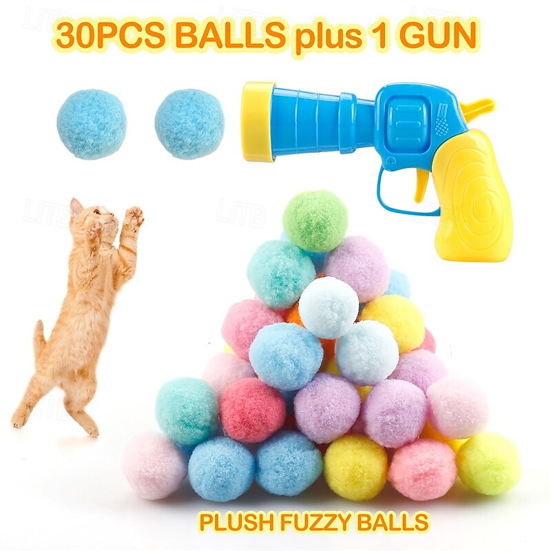 31Pcs Cat Ball Toy Launcher Gun Cat Balls Fetch Toy 30Pcs Plush Fuzzy Balls Launcher Cat Toy for Cats with 1 Gun Funny Interactive Cat Toys for Bored Indoor Adult Cats Cute Kitten Kitty Toys2