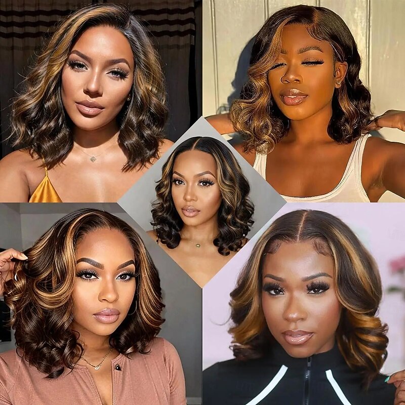 Unprocessed Virgin Hair 13x6 Lace Front 13x4 Lace Front Wig Short Bob Brazilian Hair Body Wave Wavy Multi-color Wig 130% 150% 180% Density with Baby Hair Highlighted / Balayage Hair 100% Virgin With4
