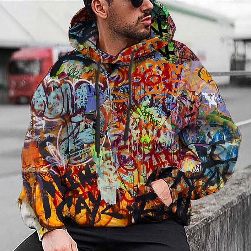 Men's Graphic Prints Graffiti Hoodie Hoodies Sweatshirt 3D Print Casual Long Sleeve Hooded Daily Sports Rainbow Print Designer