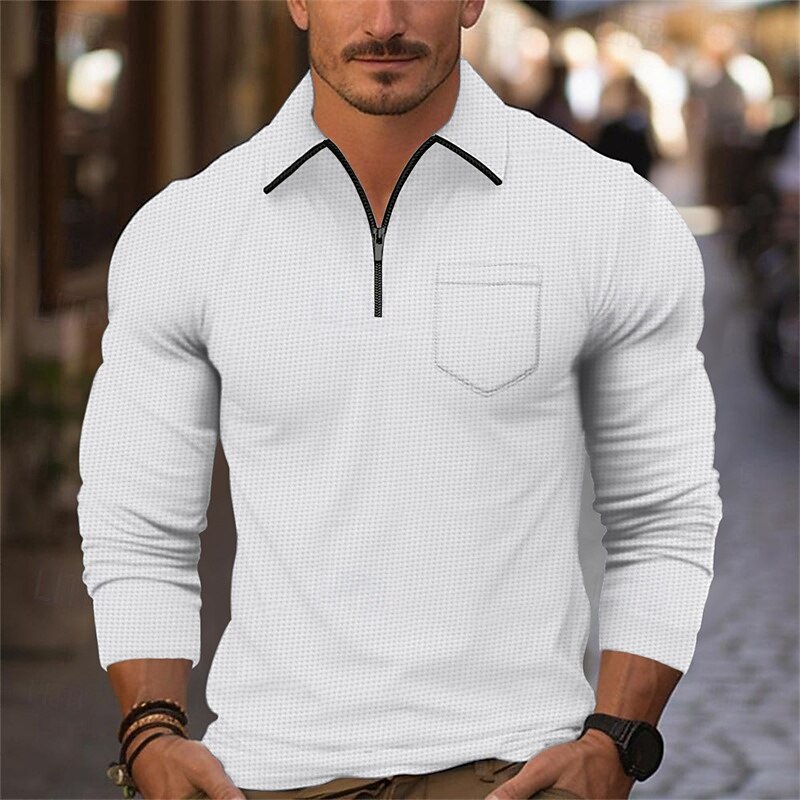 Men's Waffle Polo Shirt Quarter Zip Polo Daily Holiday Quarter Zip Long Sleeve Fashion Modern Plain Front Pocket Spring &  Fall Regular Fit Black White Navy Blue Light Grey Beige Waffle Polo Shirt
