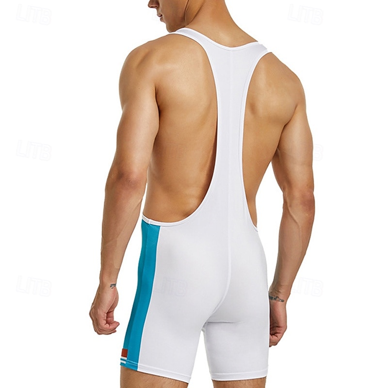 Men's Wrestling Suit Body Shaping Jumpsuit Shapewear Breathable Quick Dry High Stretch Summer Spring Polyester Outdoor Walking Jogging White Blue2