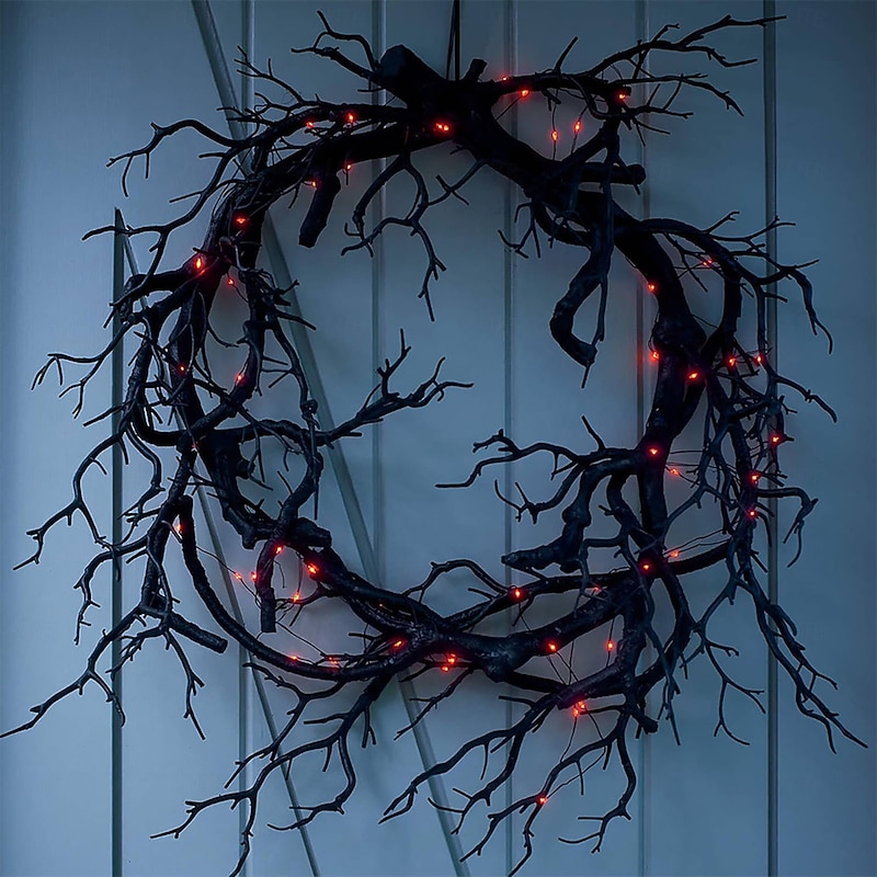 Halloween Black Branch Garland with Red LED Light for Front Door Decoration, Glitter Shiny Garland Halloween Outdoor Home Decor Ornaments2