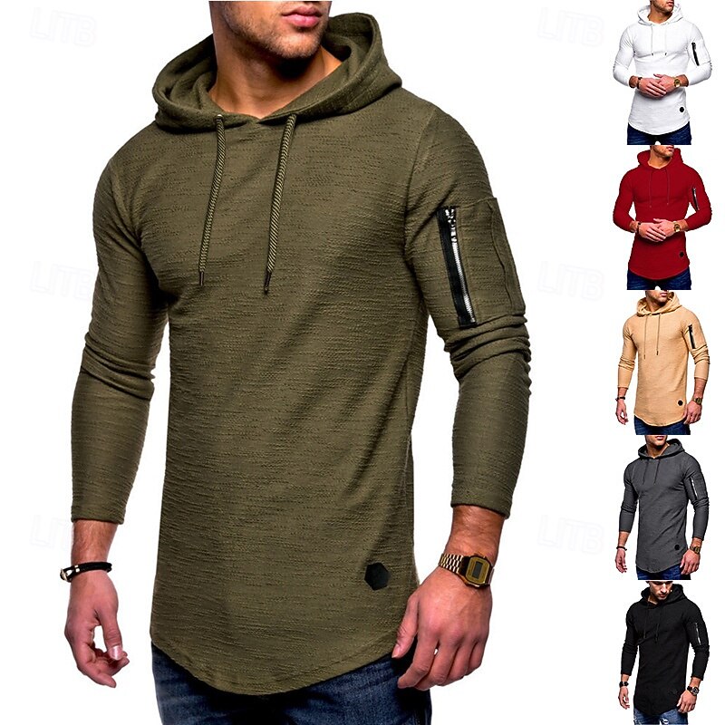 Men's T Shirt Tee Tee Top Long Sleeve Shirt Long Sleeve Hooded Spring &  Fall Plain Fashion Designer Basic Vacation Street Going out Black White Khaki Top Tee for Men