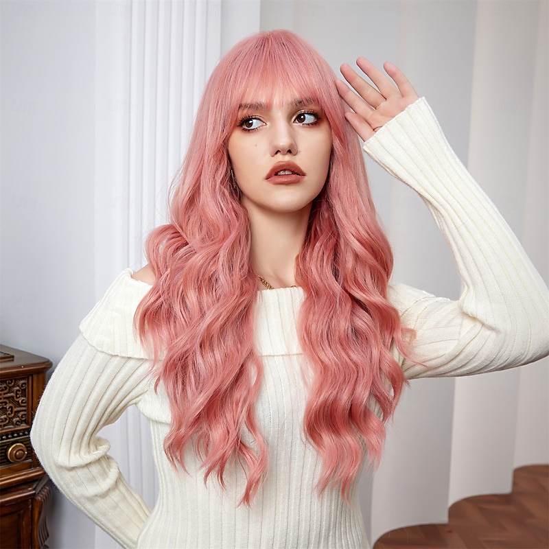 Synthetic Wig Curly Wavy Neat Bang With Bangs Machine Made Wig 26 inch Gold Pink Synthetic Hair Women's Cute Cosplay Party Pink2
