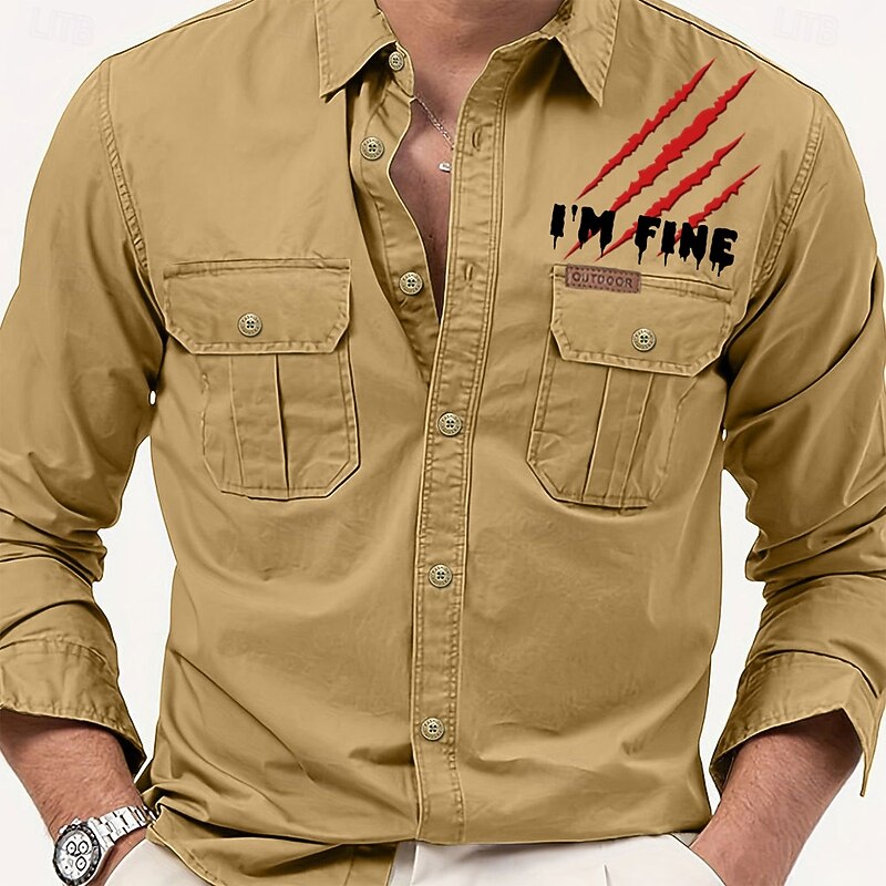 Men's Letter Printed Work Shirt Western Shirt Cargo Shirt Long Sleeve Casual Tactical Sports & Outdoor Going out Winter Spring &  Fall Turndown Print Black Army Green Khaki Beige