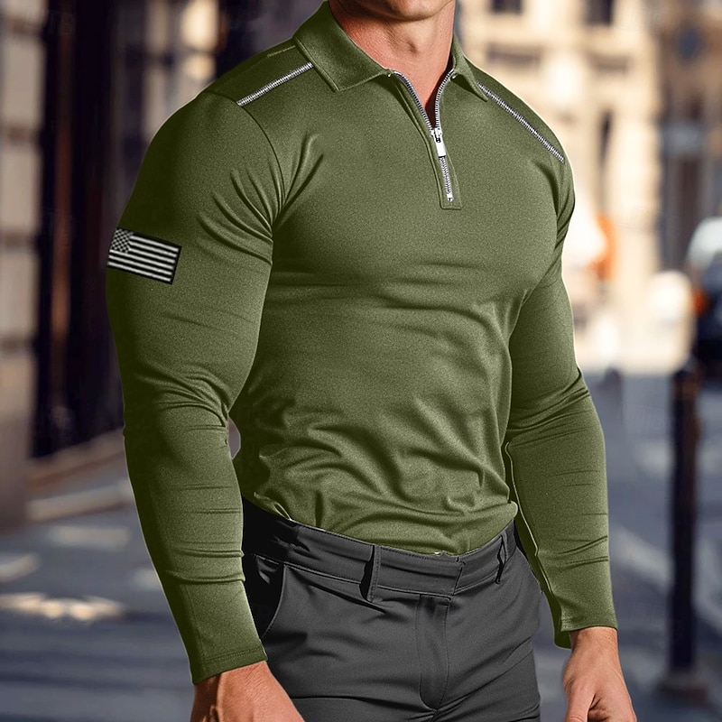 Men's Golf Shirt American Flag Polo Shirt Work Daily Wear Quarter Zip Long Sleeve Fashion Comfortable National Flag Embroidery Zip Up Spring &  Fall Regular Fit Black White Navy Blue Army Green Golf